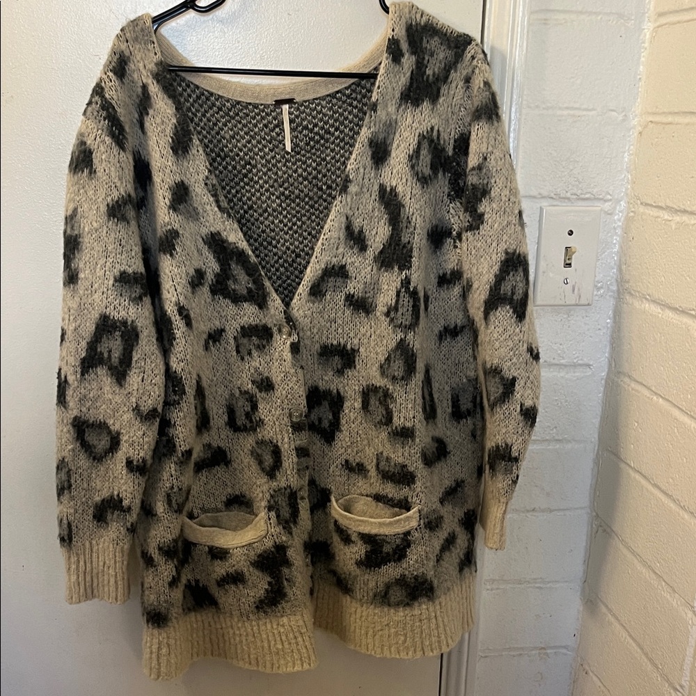 Free People Leopard Print Cardigan - Black and Cream